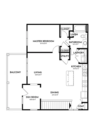 Floor plan 1BR 1BA (909 SF)