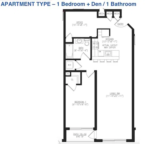 Floor plan 2C Spacious 1BR + den + private balcony