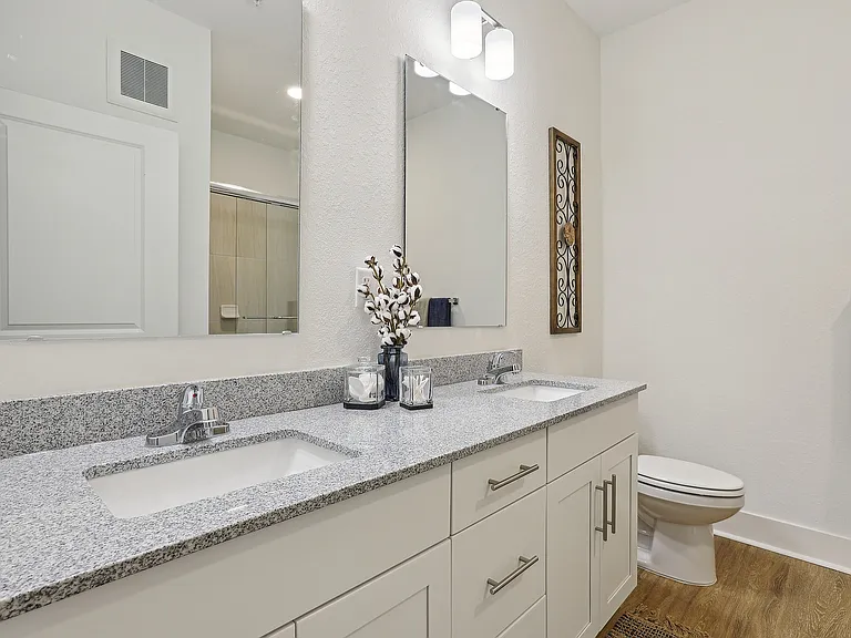 Luxurious bathroom featuring a sleek double vanity with granite countertop, modern fixtures, and elegant decor.