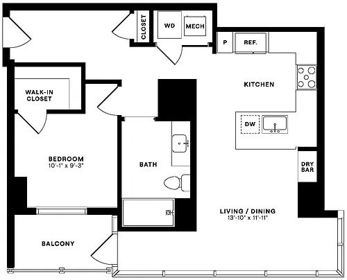 Floor plan 1 Bed/1 Bath-1A
