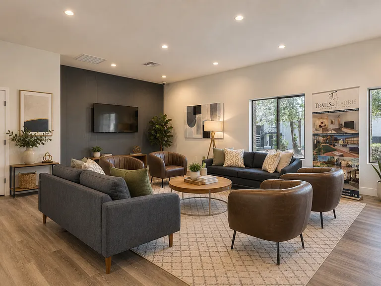 Modern apartment lounge with natural light