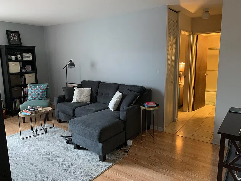 LR showing hallway to bath and bedroom . Hall has linen closet and large hall closet