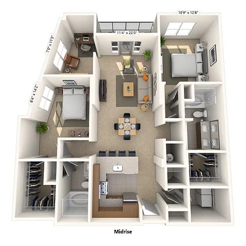 Floor plan Traditional 2x2 1368-1486 SF