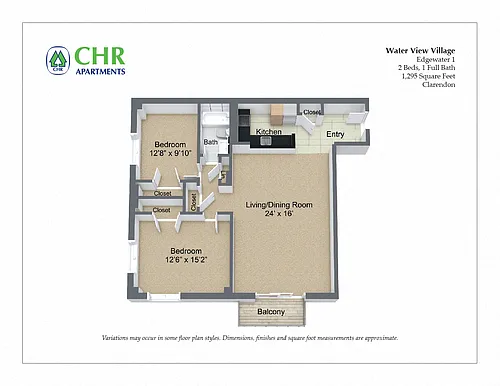 Floor plan 2 Bed/1 Bath Corner Unit with Balcony