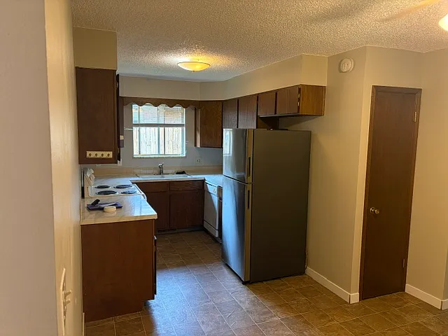 Kitchen with new refrigerator -- has stove and dishwasher plus ceiling fan