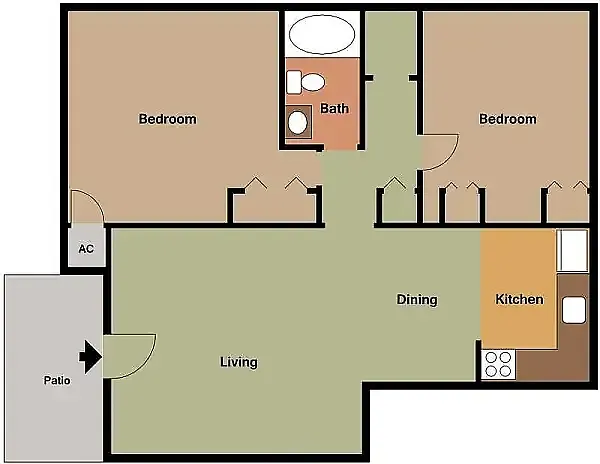 Floor plan 2 Beds, 1 Bath