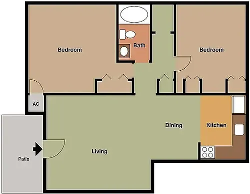 Floor plan 2 Beds, 1 Bath