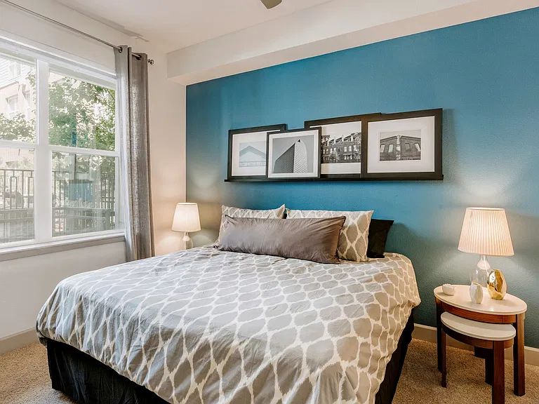 City House Apartments Model Bedroom and NIghtstand