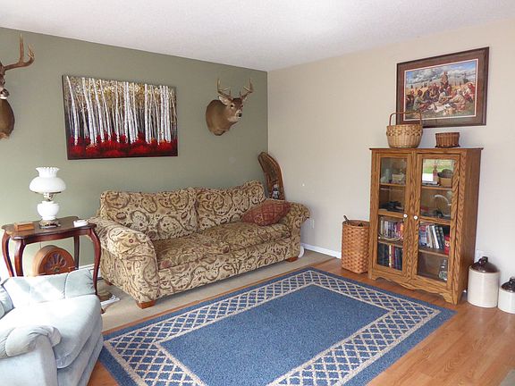 Carpet and laminate flooring in the living room will make decorating easy.