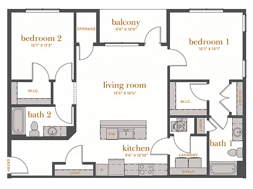 Floor plan 2 Bed, 2 Bath B (120% Income Restricted)