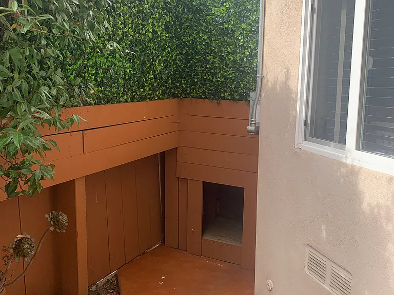 Outside Fenced Tropical Private Patio with Dog House