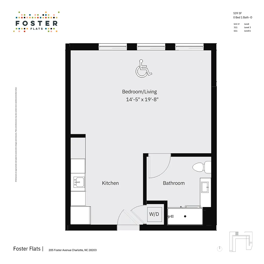 Floor plan 0 Bed 1 Bath - D Furnished (Skyline View)