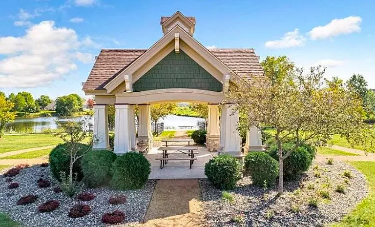 One of several gazebos next to pond