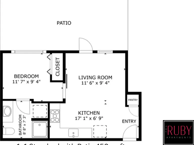 1x1 Standard with Patio l 450 sq ft l The Ruby 1x1 Standard with Patio l 450 sq ft l The Ruby