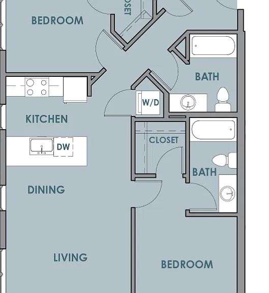 2 Bedrooms 2 Baths Floorplan Diagram