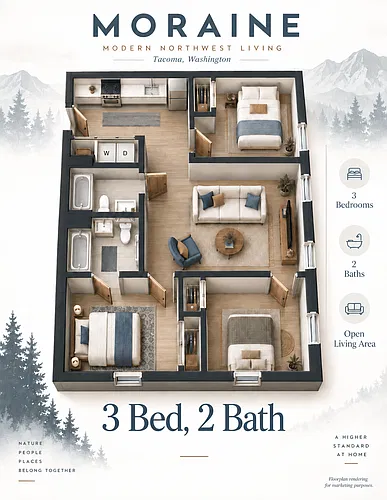 Floor plan 3 Bedroom, 2 Bath