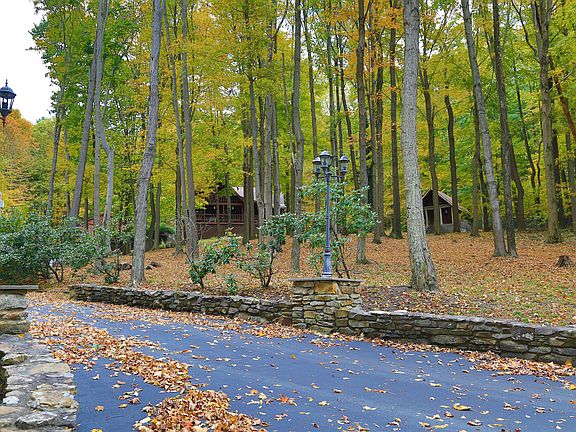 Paved drive/mature landscape