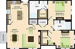 Floor plan 2 BR 1272sf