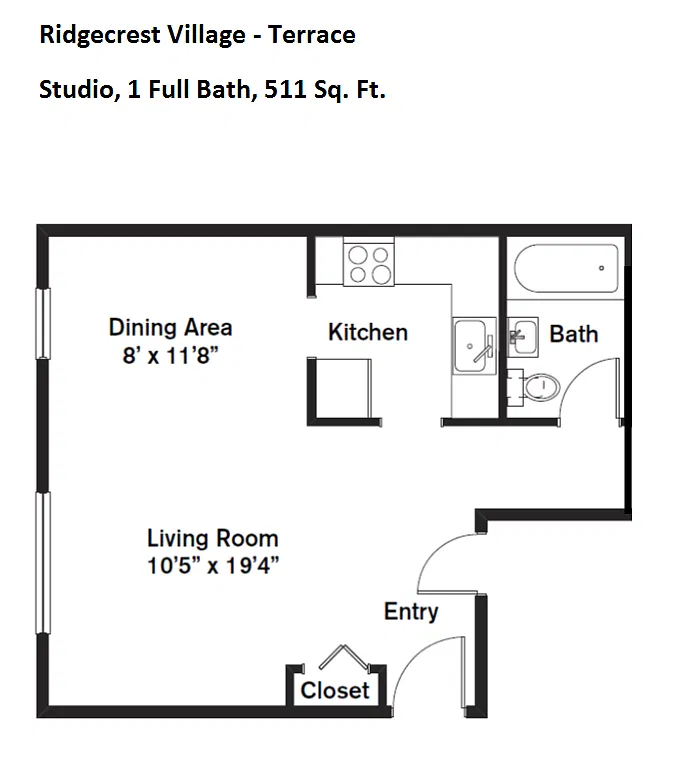 Floor plan Studio/1 Bath with Full Kitchen