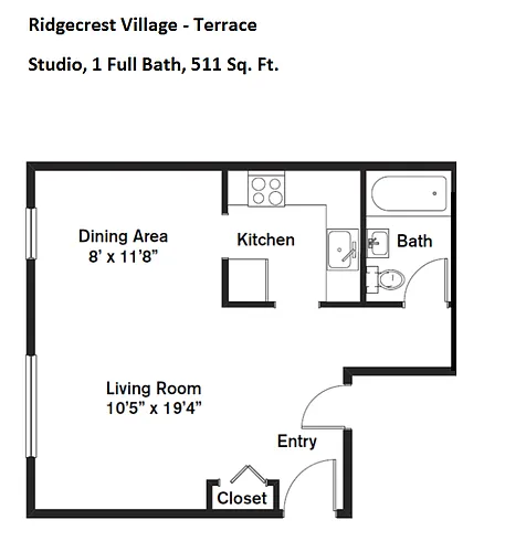 Floor plan Studio/1 Bath with Full Kitchen