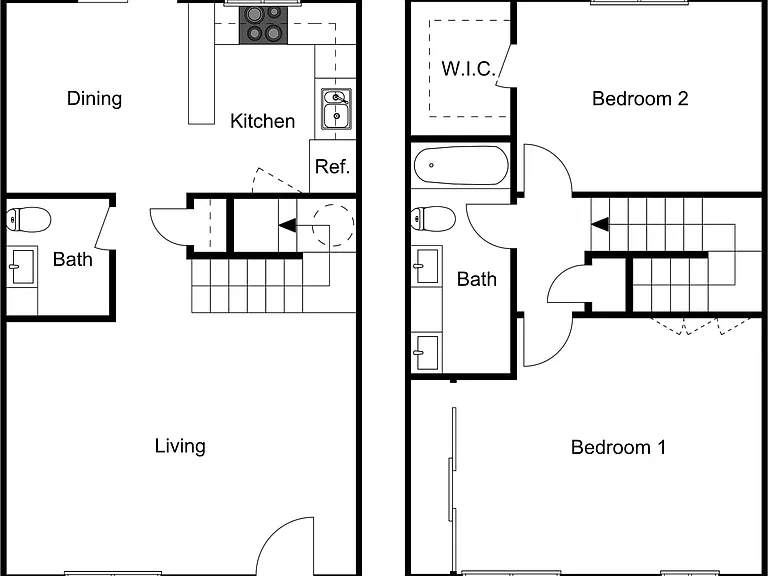 Townhome floor plan showcasing spacious living and dining areas, kitchen, two bedrooms with walk-in closet, and two bathrooms. Townhome floor plan showcasing spacious living and dining areas, kitchen, two bedrooms with walk-in closet, and two bathrooms.