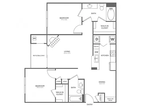 Floor plan Two Bedroom Two Bath (1073 SF)