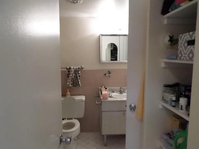 Bathroom with built-in shelves & entrance from hallway
