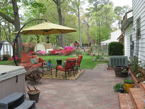 Brick patio in backyard