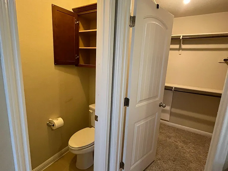 Master bathroom with toilet and walk-in closet