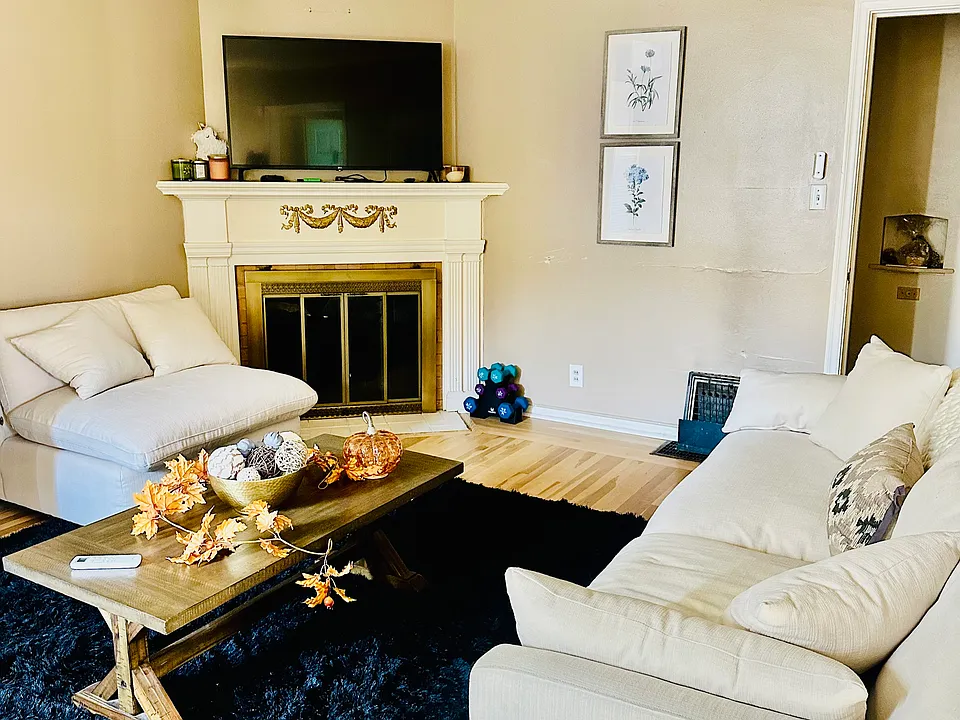 Spacious living room with fireplace