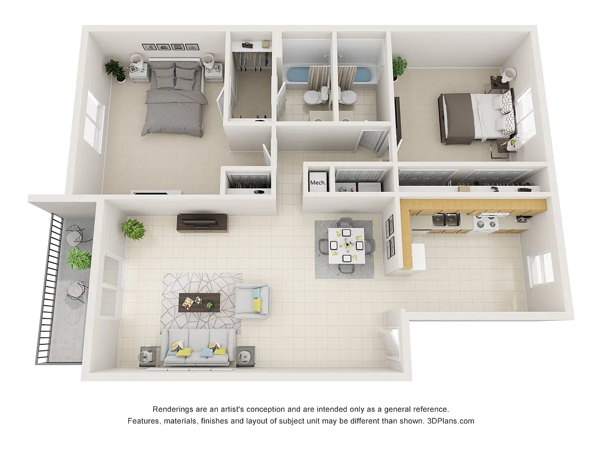 Floor plan 2 bedroom 2 bath Apartment with 1200 Square Feet o