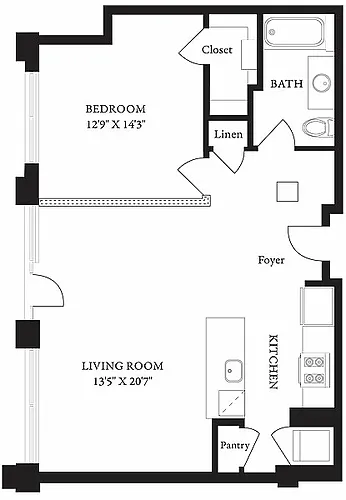 Floor plan LS-N One Bedroom, One Bathroom