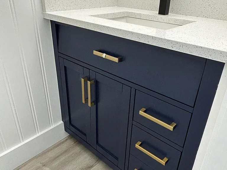 Brand New Downstairs Bathroom Vanity, Quartz Countertop, Faucet, and Mirror