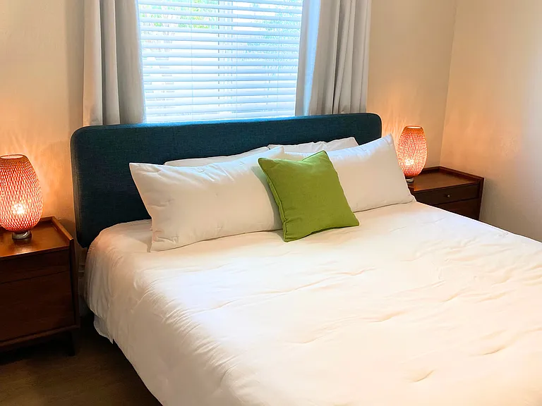 Master Bedroom with a King size bed, 2 nightstands with USB ports, blackout wood blinds, darkening curtains and a spacious closet.