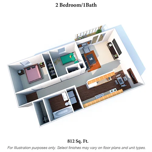 Floor plan Two Bedroom One Bath - 812SqFt