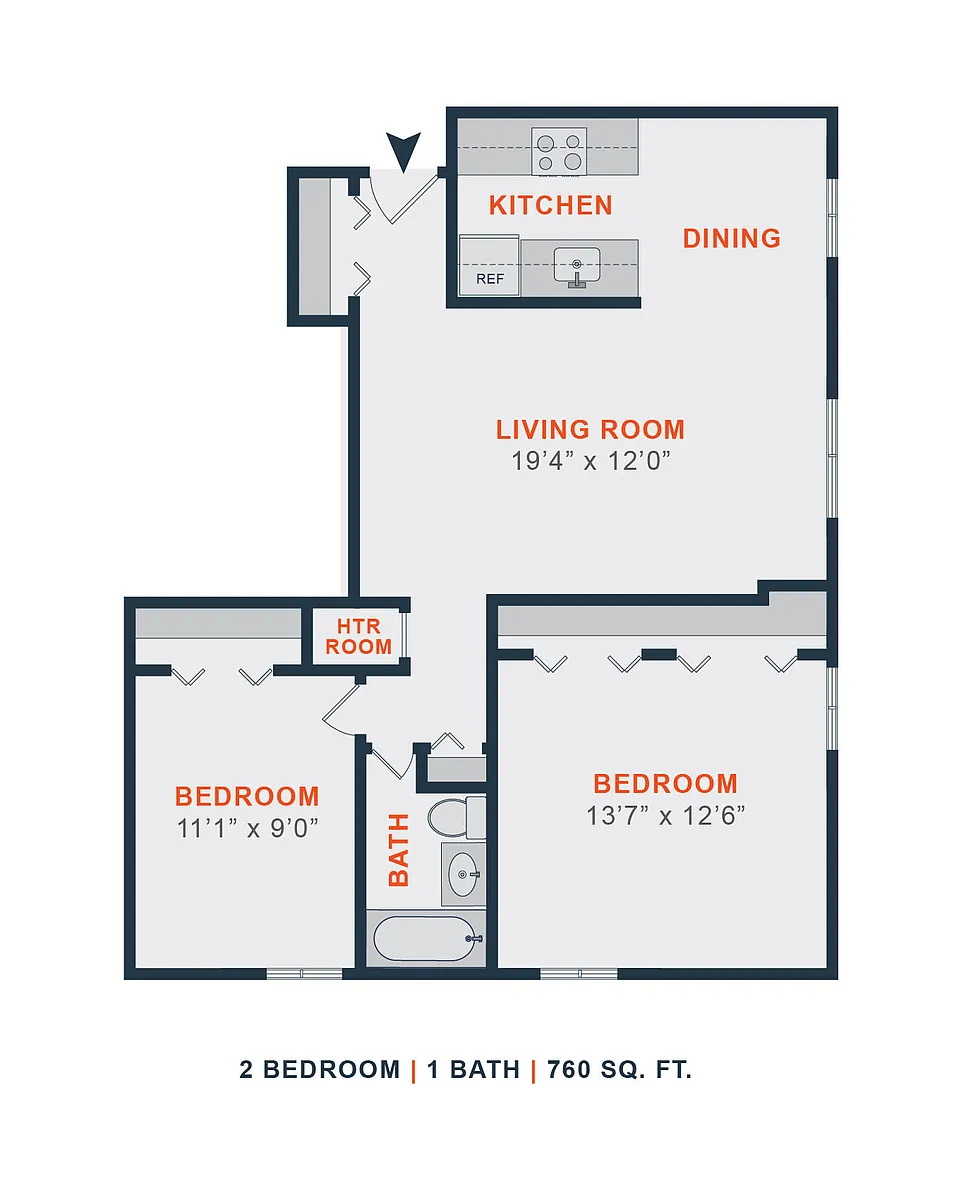 Floor plan 2 Bed | 1 Bath