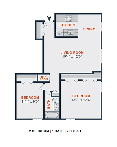Floor plan 2 Bed | 1 Bath