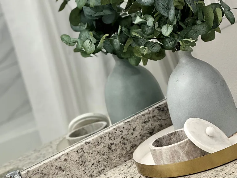 Granite bathroom counters with undermount farmhouse sink.