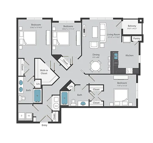 Floor plan 3 Bed/ 2 Bath (1390 sqft)