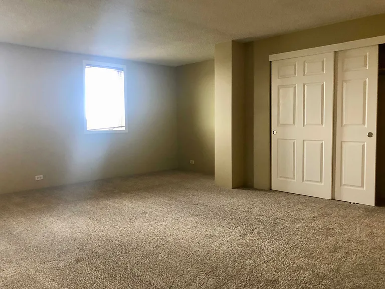 Master bedroom with new carpet and large closet