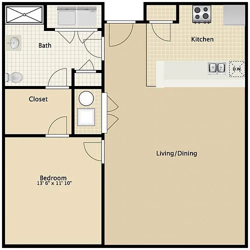 Floor plan South: 1 Bedroom Affordable (Waistlist)
