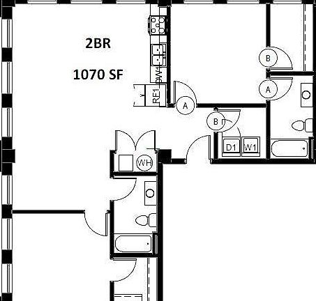 2 Bedroom layout D -Available unit numbers: 202, 302, 402, 502 $1,275-1,400/month