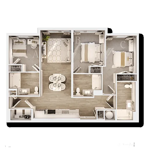 Floor plan Three Bedroom A - IU Bloomington 2027 - 2028