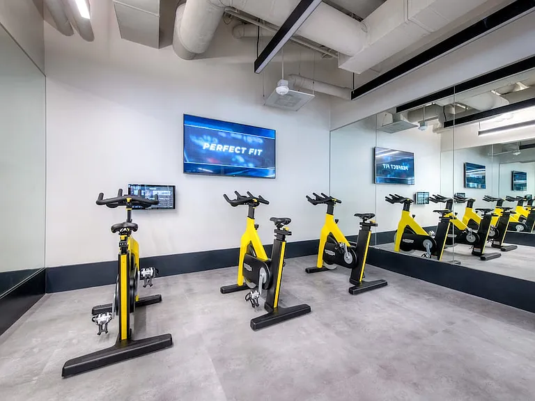 Fitness center flex studio with spin bikes and virtual fitness programming