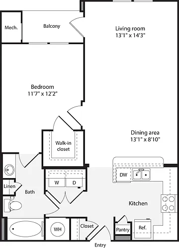Floor plan 1 Bedroom A with Balcony