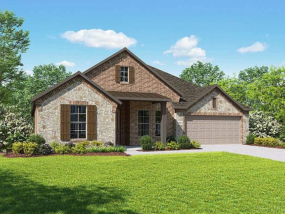 Exterior Style D is a single story farmhouse inspired brick and stone elevation with a metal roof de