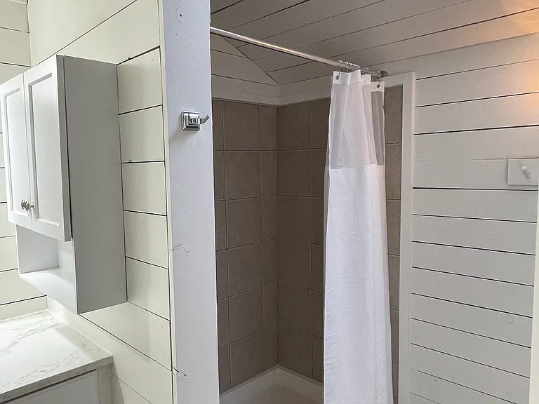 Tile shower with natural light from skylight