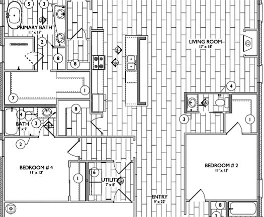 Black and white floor plan showing a single-story house with four bedrooms, three bathrooms, a livin