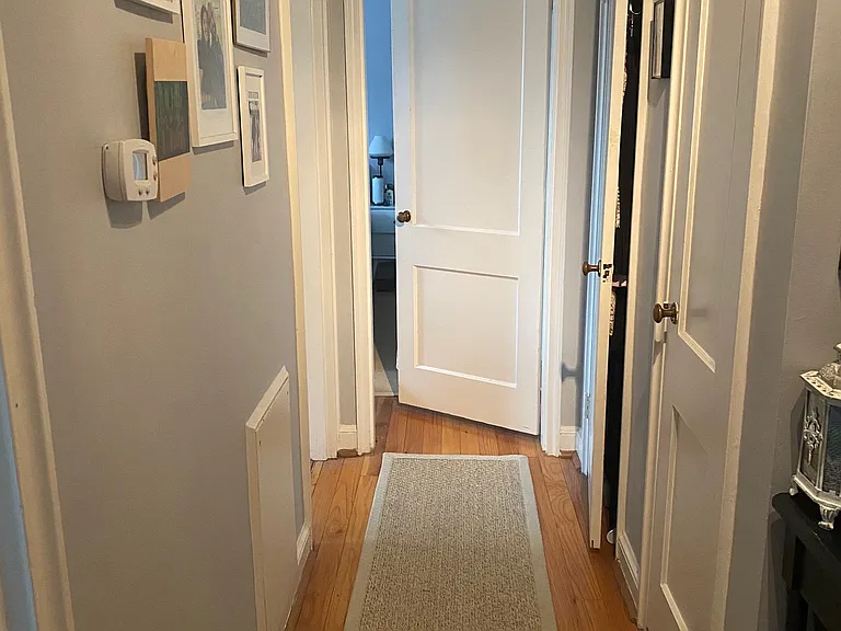 Hallway to closets, bathroom, and bedroom