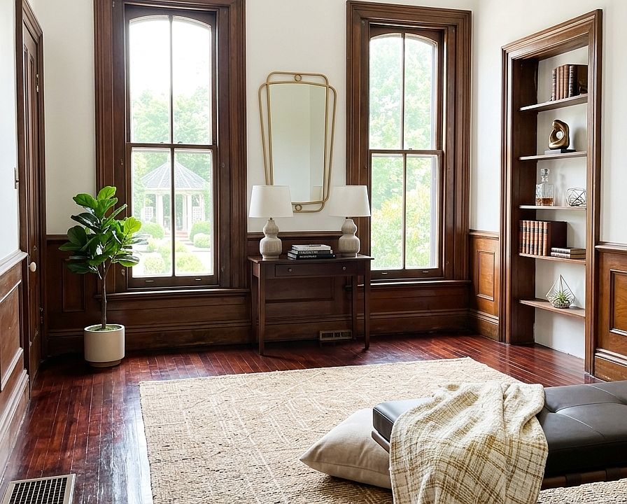 Large living space with restored original hardwood, built-in bookshelves and high ceilings